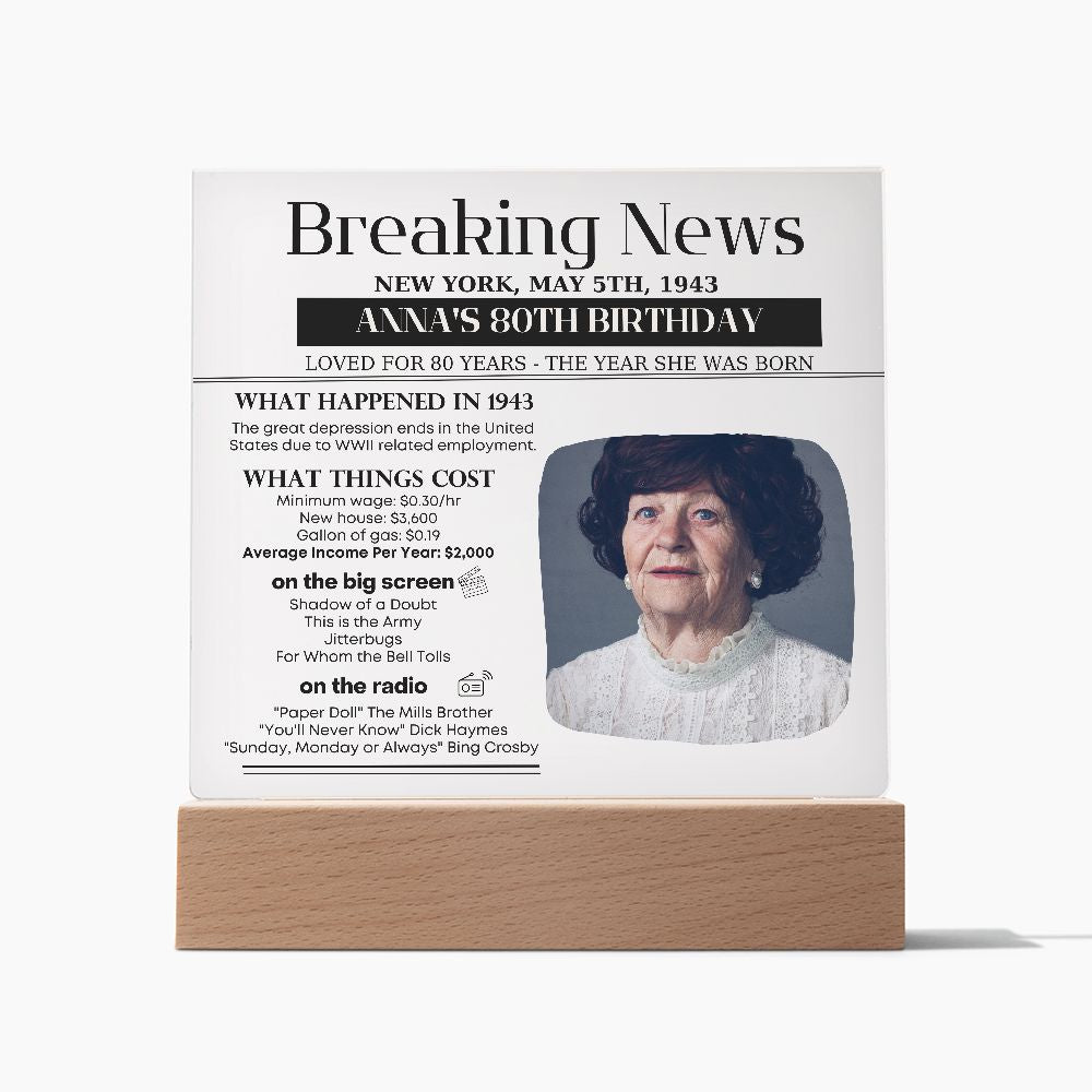 Personalized 80th Birthday Newspaper Night Light Sign, 80th Birthday Gift for Mom or Dad, Grandma Grandpa Birthday Gift