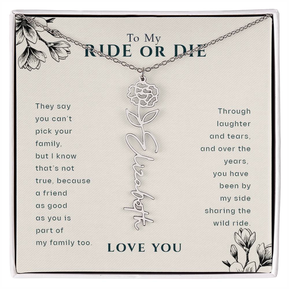 To My Ride Or Die Best Friend Personalized Birthflower Month Name Necklace, Custom Birthday Gift for Her, Bridesmaid Floral Name Necklace