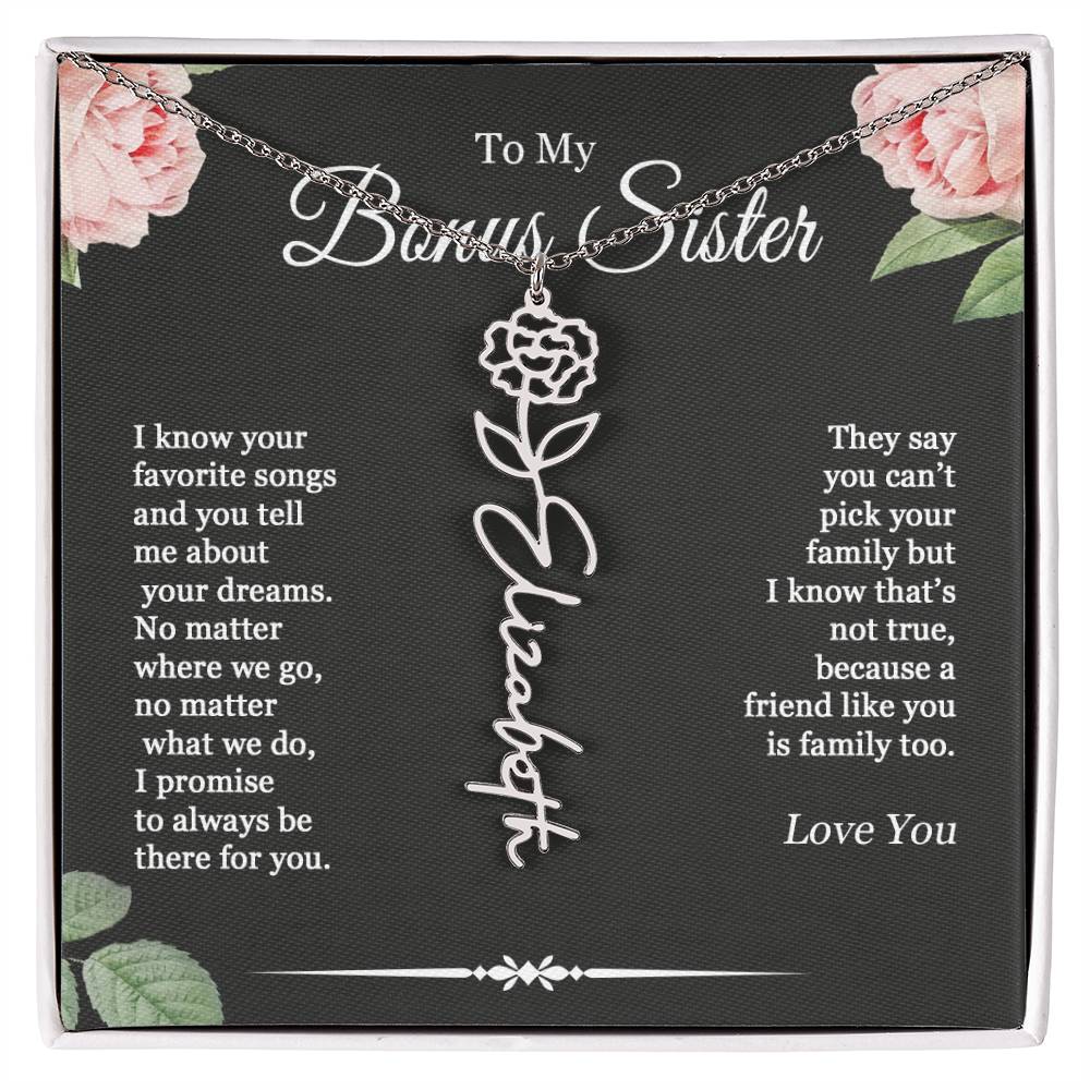 To My Bonus Sister Best Friend Birthflower Month Name Necklace, Personalized Gift for BFF, Best Friend, Unbiological Sister Bestie Gift