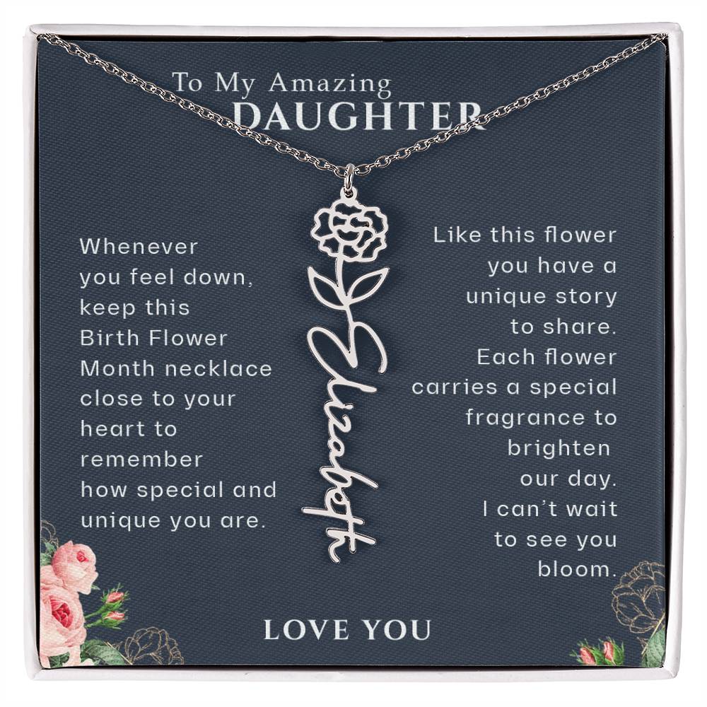 To My Daughter Personalized Birthflower Month Name Necklace, Birthday Gift for Daughter, Birth Month Flower Necklace, Daughter Gift from Mom
