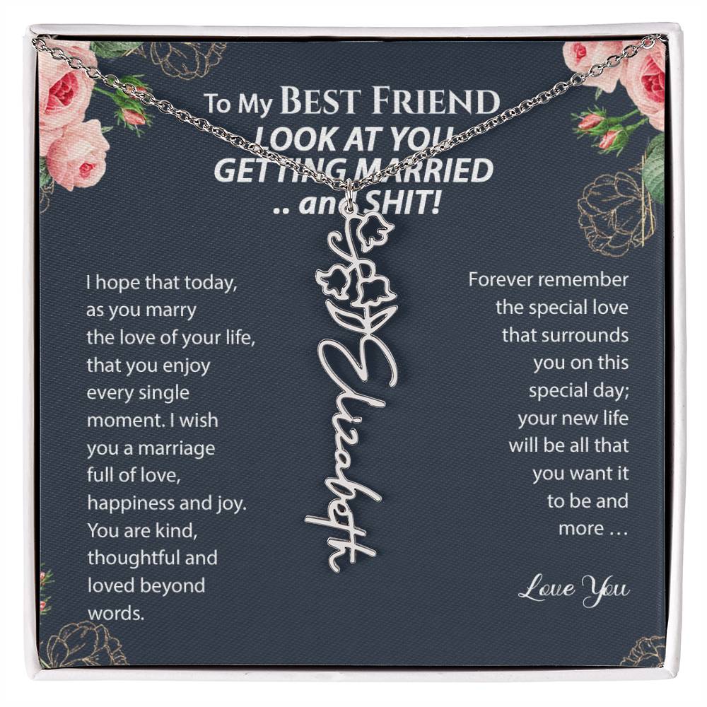 Funny Best Friend Wedding Day Birthflower Month Name Necklace, Personalized Gift for Bride, Engagement Gift from Bestie, Bridal Shower Gift
