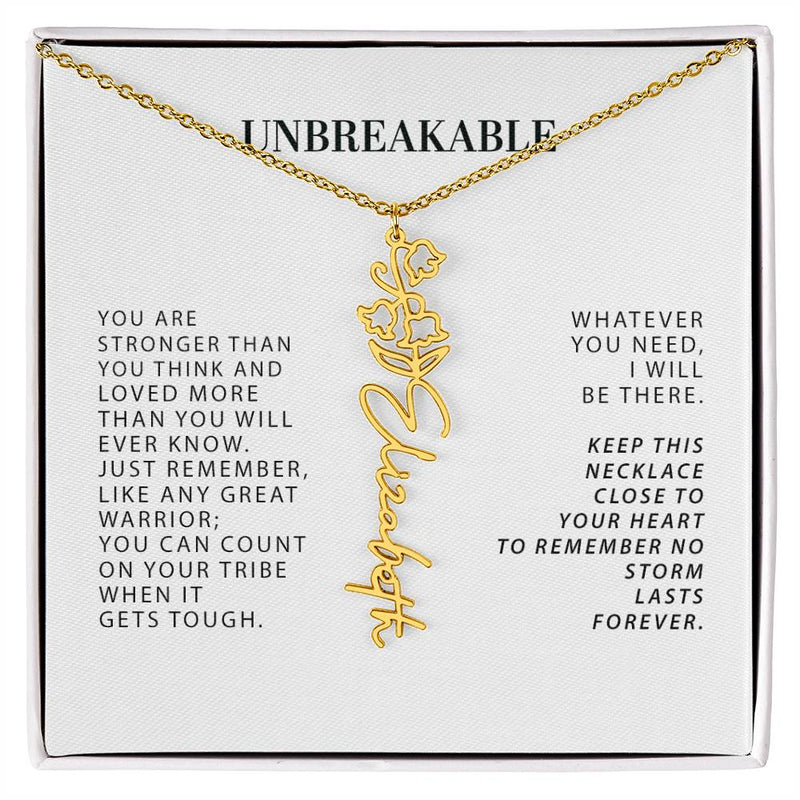 Personalized Unbreakable Strength Birthflower Month Name Necklace, Strong Woman, Cancer Patient, Cancer Survivor, Custom Name Birth Flower