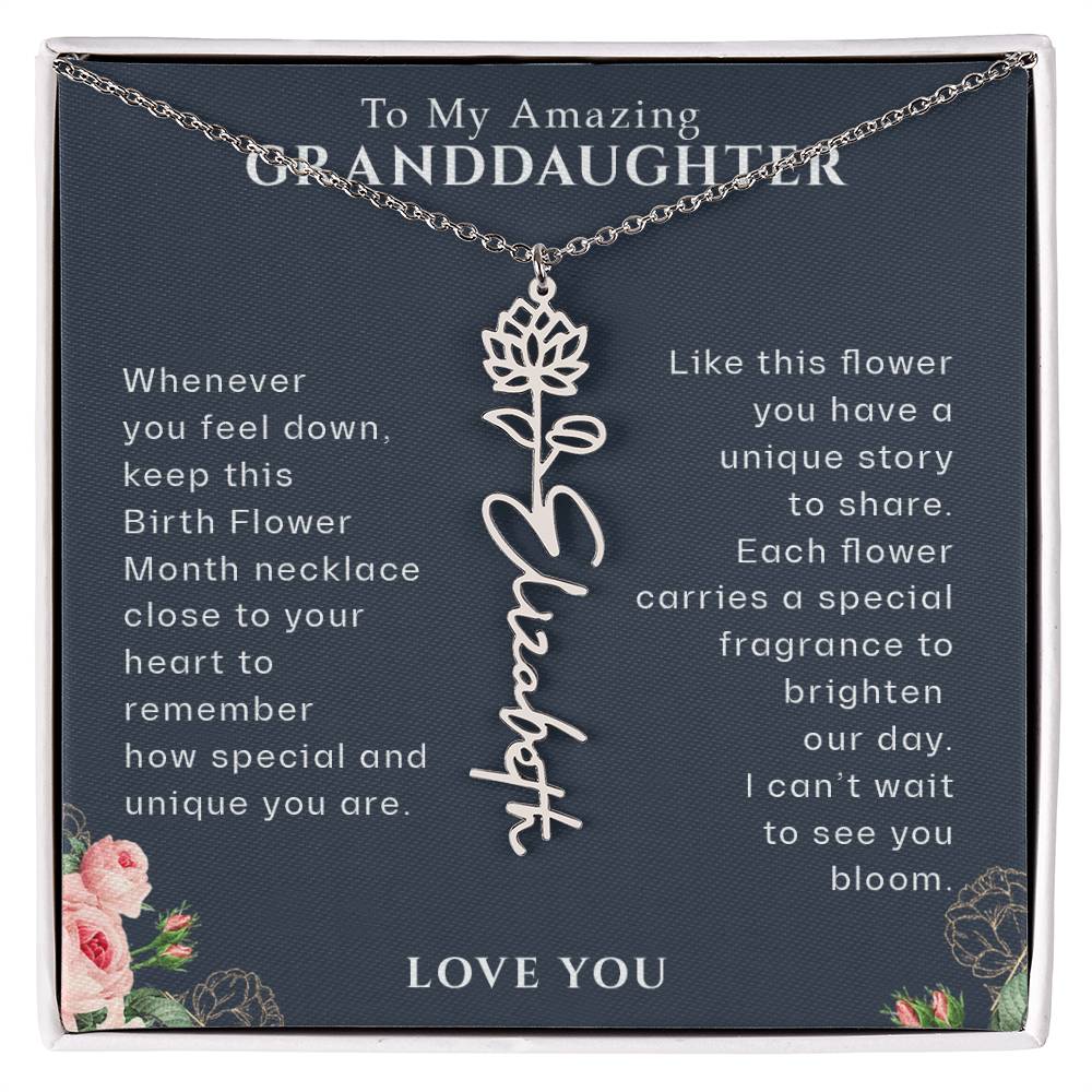 To My Granddaughter Personalized Birthflower Month Name Necklace, Birthday Gift for Granddaughter Necklace, Granddaughter Gift from Grandma