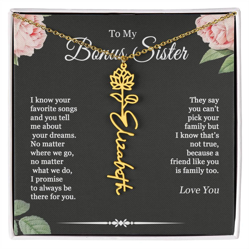 To My Bonus Sister Best Friend Birthflower Month Name Necklace, Personalized Gift for BFF, Best Friend, Unbiological Sister Bestie Gift