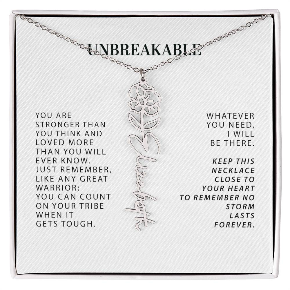 Personalized Unbreakable Strength Birthflower Month Name Necklace, Strong Woman, Cancer Patient, Cancer Survivor, Custom Name Birth Flower