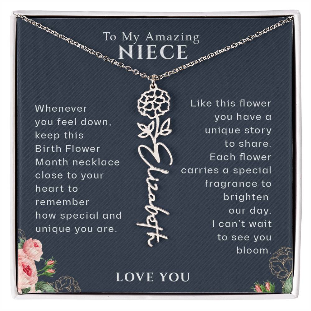 To My Niece Personalized Birthflower Month Name Necklace, Birthday Gift for Niece, Birth Month Flower Necklace, Niece Gift from Aunt