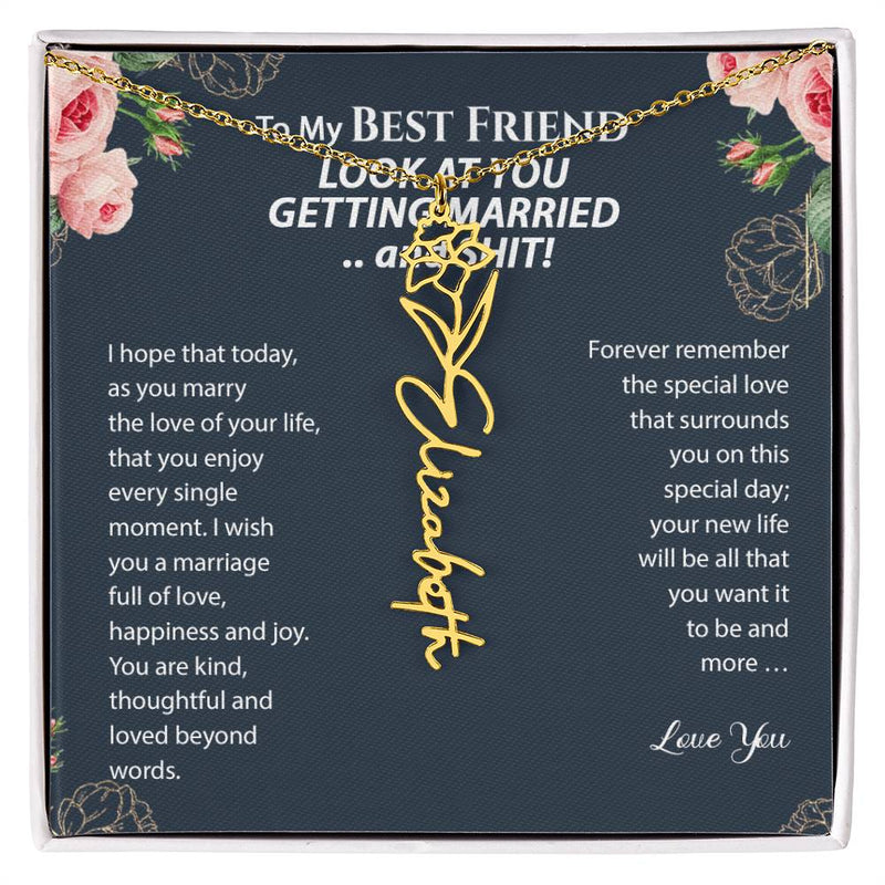 Funny Best Friend Wedding Day Birthflower Month Name Necklace, Personalized Gift for Bride, Engagement Gift from Bestie, Bridal Shower Gift