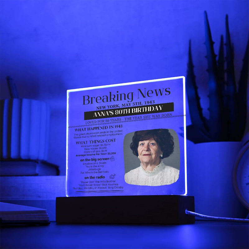 Personalized 80th Birthday Newspaper Night Light Sign, 80th Birthday Gift for Mom or Dad, Grandma Grandpa Birthday Gift