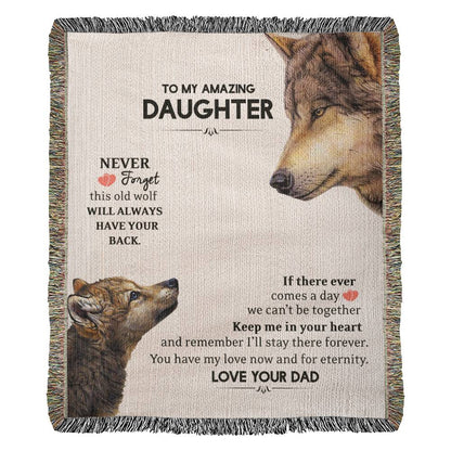 To My Daughter This Old Wolf Has Your Back Woven Blanket, Gift from Dad, Stepdad Gift to Stepdaughter Christmas, Birthday, Graduation