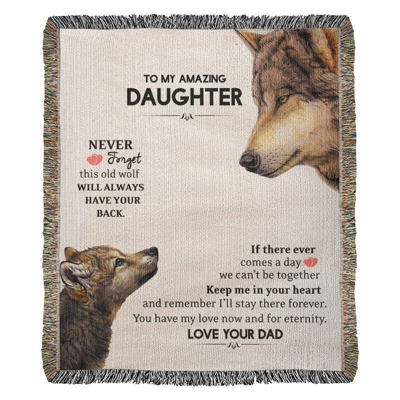 To My Daughter This Old Wolf Has Your Back Woven Blanket, Gift from Dad, Stepdad Gift to Stepdaughter Christmas, Birthday, Graduation