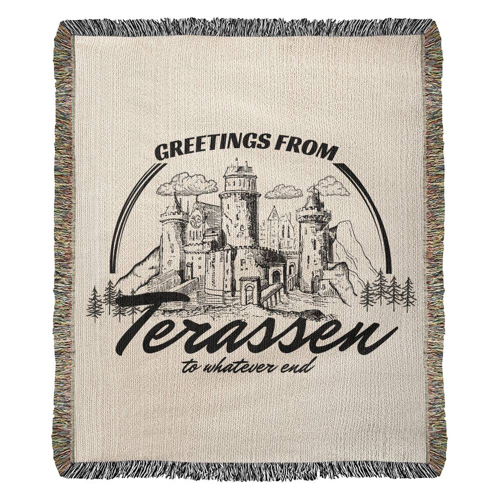 Greetings from Terrasen Blanket, Bookish Woven Blanket, To Whatever End, Fantasy Reader Gift for Her, Housewarming Gift for Book Lover
