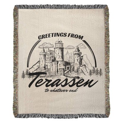 Greetings from Terrasen Blanket, Bookish Woven Blanket, To Whatever End, Fantasy Reader Gift for Her, Housewarming Gift for Book Lover