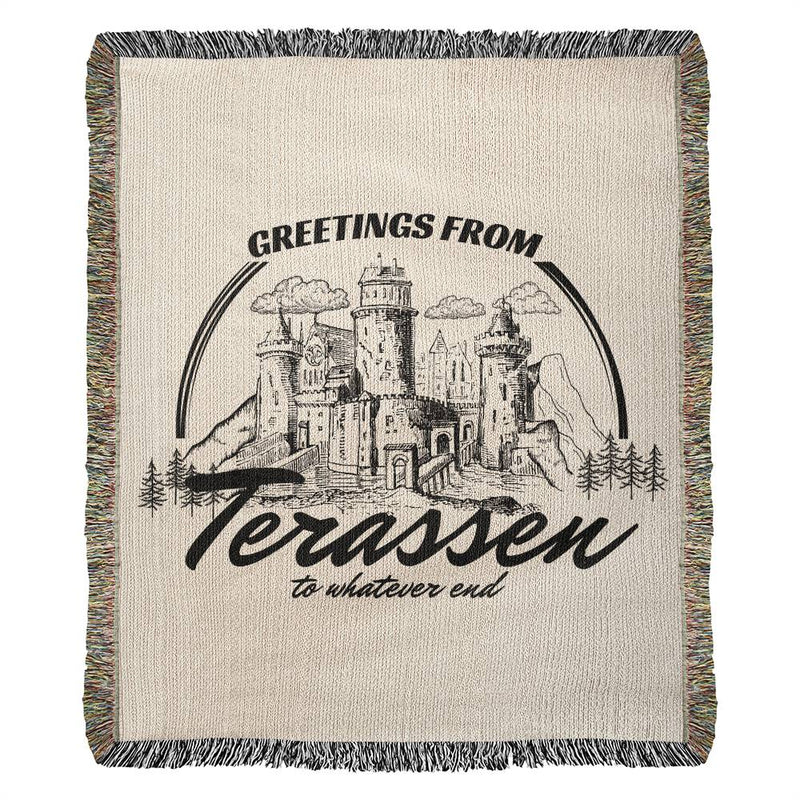 Greetings from Terrasen Blanket, Bookish Woven Blanket, To Whatever End, Fantasy Reader Gift for Her, Housewarming Gift for Book Lover
