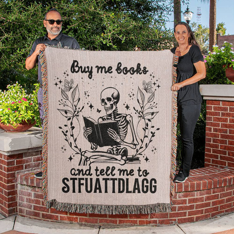 Buy Me Books And Tell Me To STFUATTDLAGG Blanket, Book Lover Blanket, Librarian Gift, Funny Skeleton Book Home Decor, Bookish Gifts