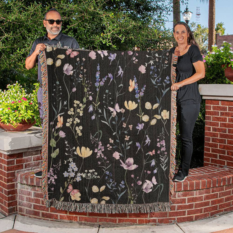 Vintage Pressed Flowers Woven Blanket, Cottagecore Floral Botanical Fairycore Wildflowers Woven Tapestry, Housewarming Gift Home Decor