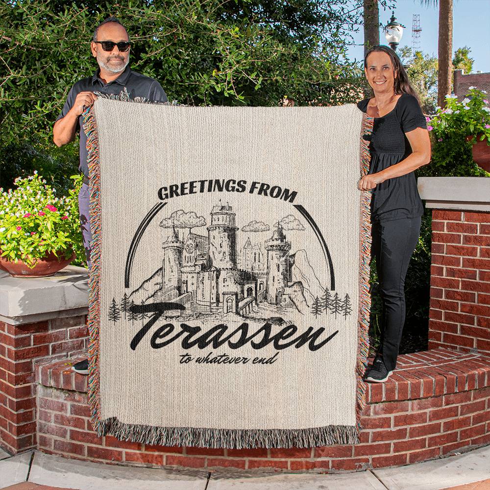 Greetings from Terrasen Blanket, Bookish Woven Blanket, To Whatever End, Fantasy Reader Gift for Her, Housewarming Gift for Book Lover