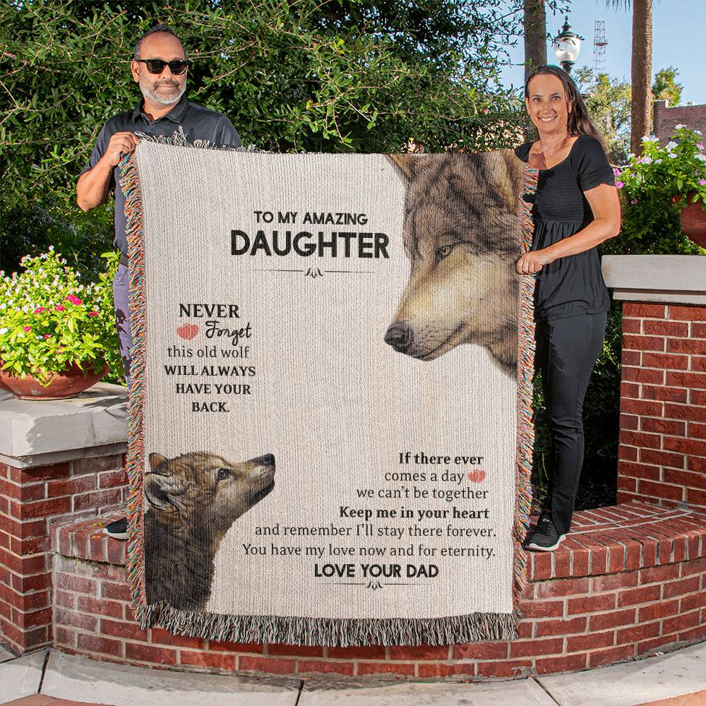 To My Daughter This Old Wolf Has Your Back Woven Blanket, Gift from Dad, Stepdad Gift to Stepdaughter Christmas, Birthday, Graduation