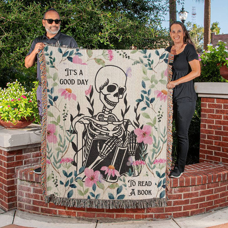 Bookish Woven Blanket, It's A Good Day To Read A Book Tapestry Blanket, Floral Skull Blanket, Reading Gift for Teacher, Librarian Gifts