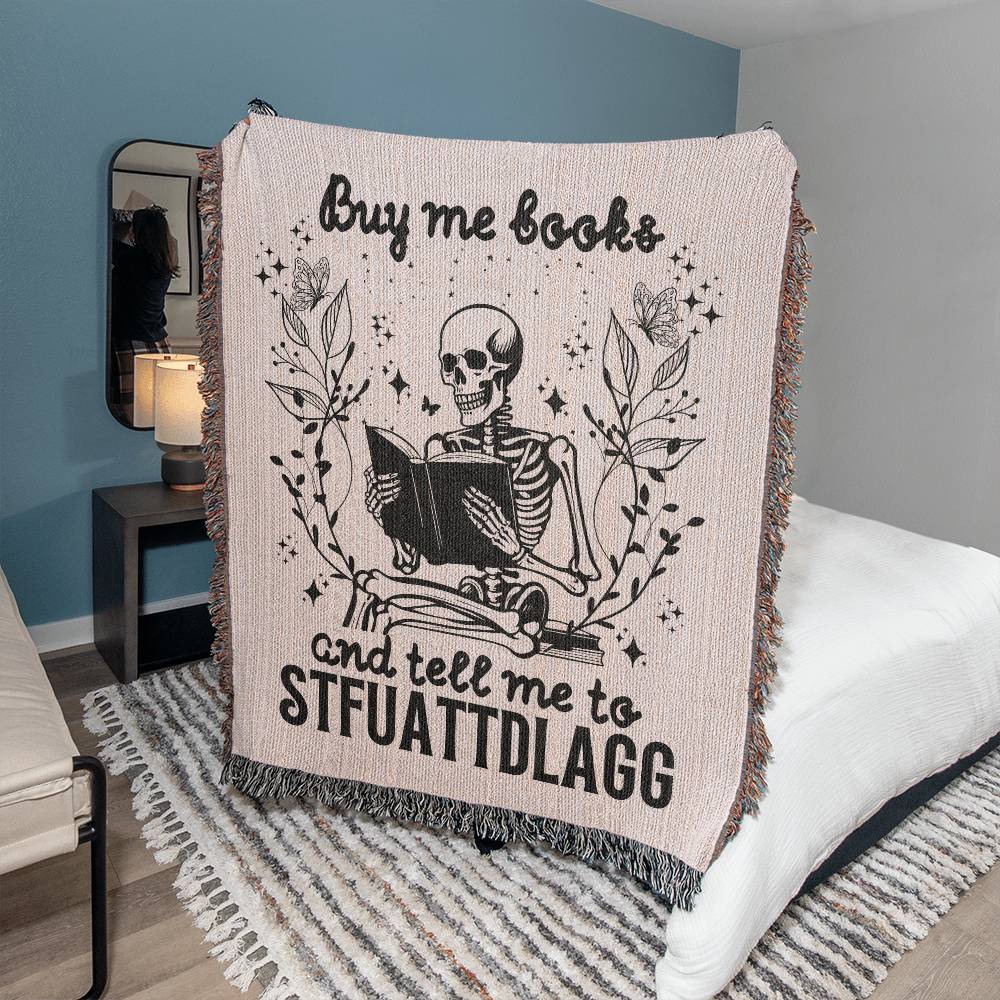 Buy Me Books And Tell Me To STFUATTDLAGG Blanket, Book Lover Blanket, Librarian Gift, Funny Skeleton Book Home Decor, Bookish Gifts