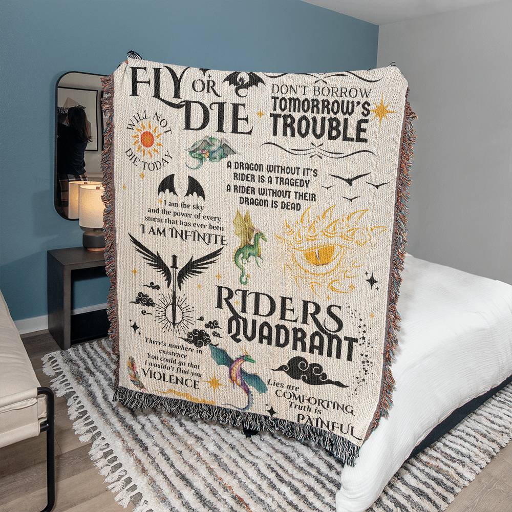 Fly or Die Dragon Rider Woven Blanket, Bookish Gift for Her, Housewarming Gift for Book Lovers Booktok Home Decor
