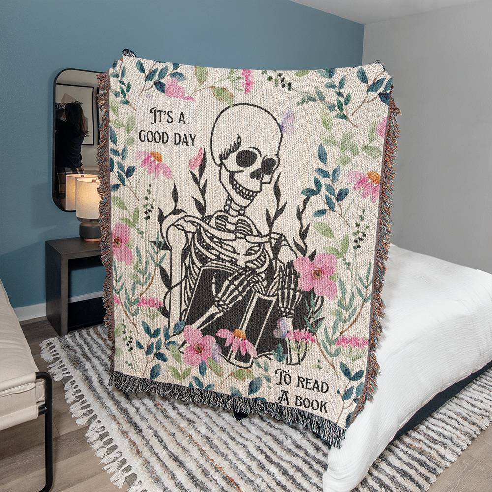 Bookish Woven Blanket, It's A Good Day To Read A Book Tapestry Blanket, Floral Skull Blanket, Reading Gift for Teacher, Librarian Gifts