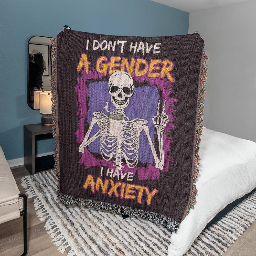 I Don't Have a Gender I Have Anxiety Woven Blanket, Finny Non Binary, lgbt Skeleton Blanket, Queer Anxiety Tapestry Blanket