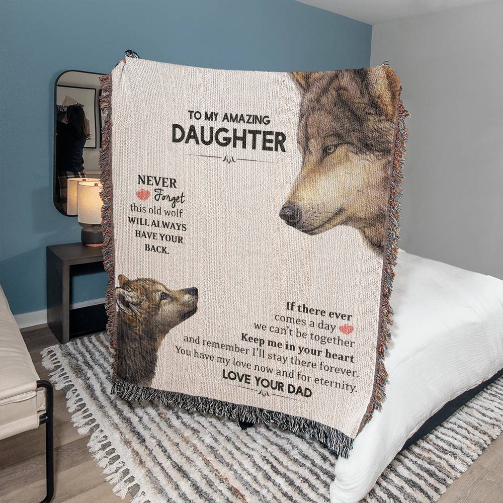 To My Daughter This Old Wolf Has Your Back Woven Blanket, Gift from Dad, Stepdad Gift to Stepdaughter Christmas, Birthday, Graduation