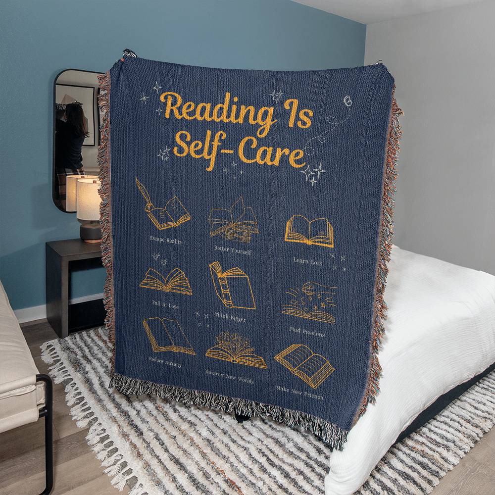 Reading Is Self-Care Book Lover Woven Blanket, Bookish Mental Health Gift for Her, Book Lover Bookworm Romance Book Addict Home Decor