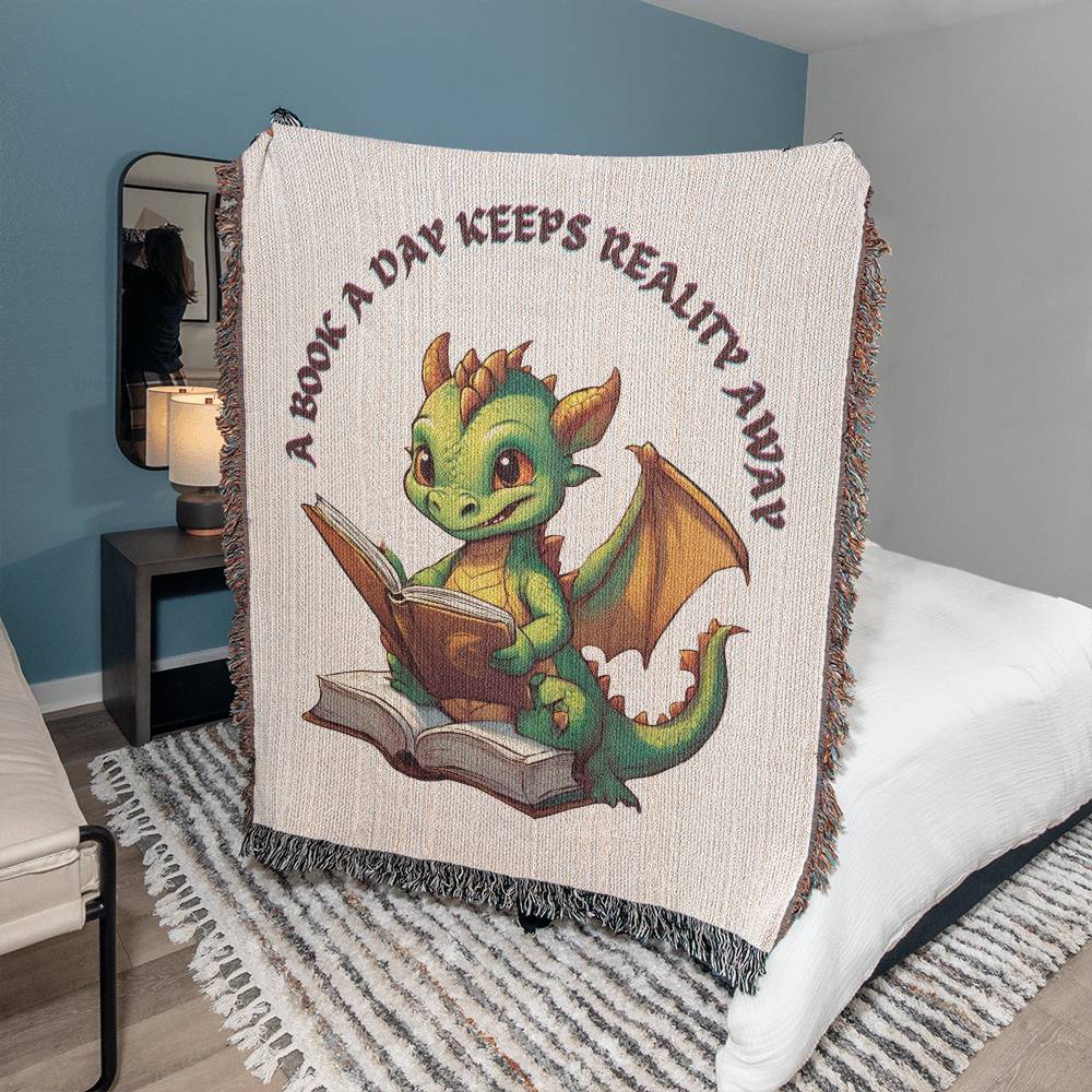 Bookish Dragon Blanket, Funny Reading Gifts, A Book A Day Keeps Reality Away, Fantasy Reader Home Decor, Birthday Gift, Housewarming Gift