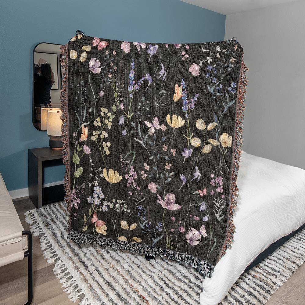 Vintage Pressed Flowers Woven Blanket, Cottagecore Floral Botanical Fairycore Wildflowers Woven Tapestry, Housewarming Gift Home Decor