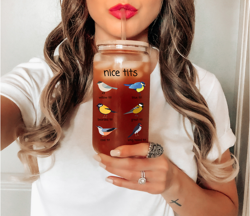 Nice Tits Glass Mug Tumbler, Birdwatchers Gift, Birdwatcher Coffee Mug, Bird Nerd Cup, Bird Watching, Gift For Bird Lover