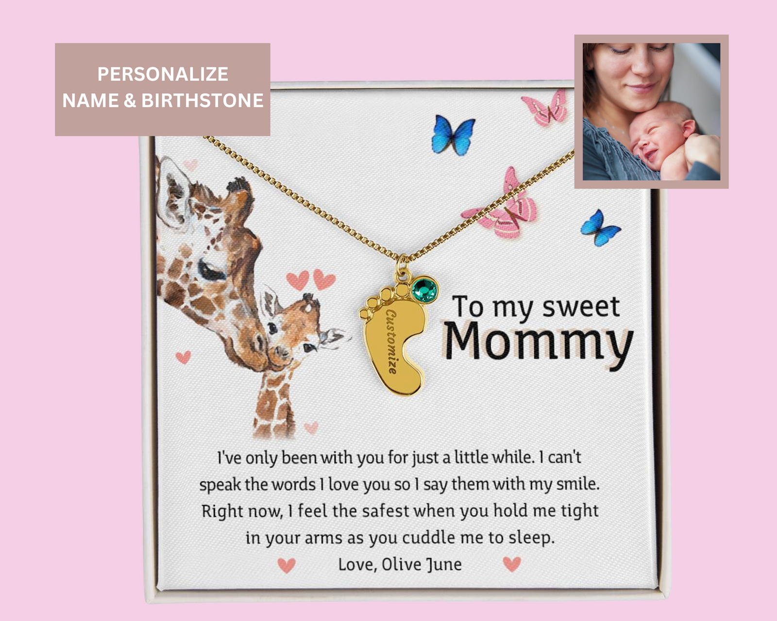 Birthstone New Born Baby Necklace | New Mom Gift from Baby | Dear Mommy Poem from Baby Day Gift | Personalized First Time Mother