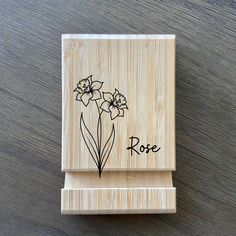 Personalized Birth Flower Month Bamboo Phone Holder, Custom Birthday Gift for Her,  Birth Flowers Print Wooden Phone Holder