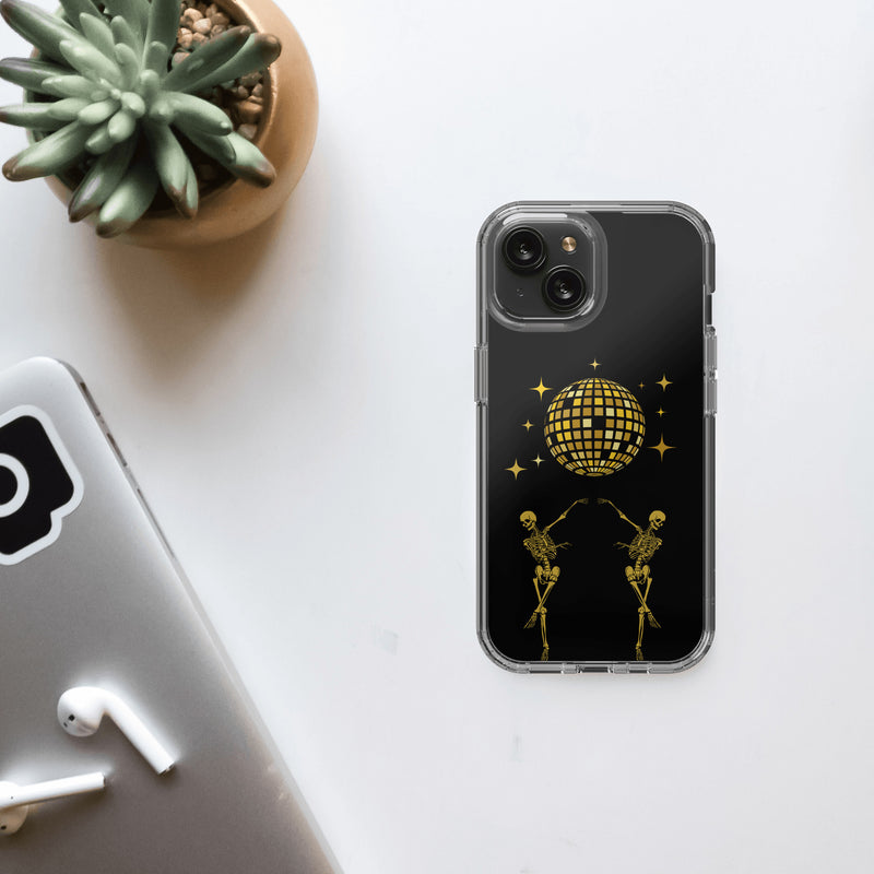 Dancing Skeleton Clear iPhone 15 Case, Disco Ball Art Trendy Phone Cases, Birthday Gift for Bestie, Dark Acadamia, Spooky Gifts for Her