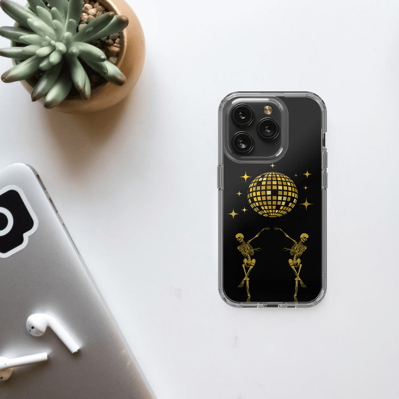 Dancing Skeleton Clear iPhone 15 Pro Case, Disco Ball Art Trendy Phone Cases, Birthday Gift for Bestie, Dark Acadamia, Spooky Gifts for Her
