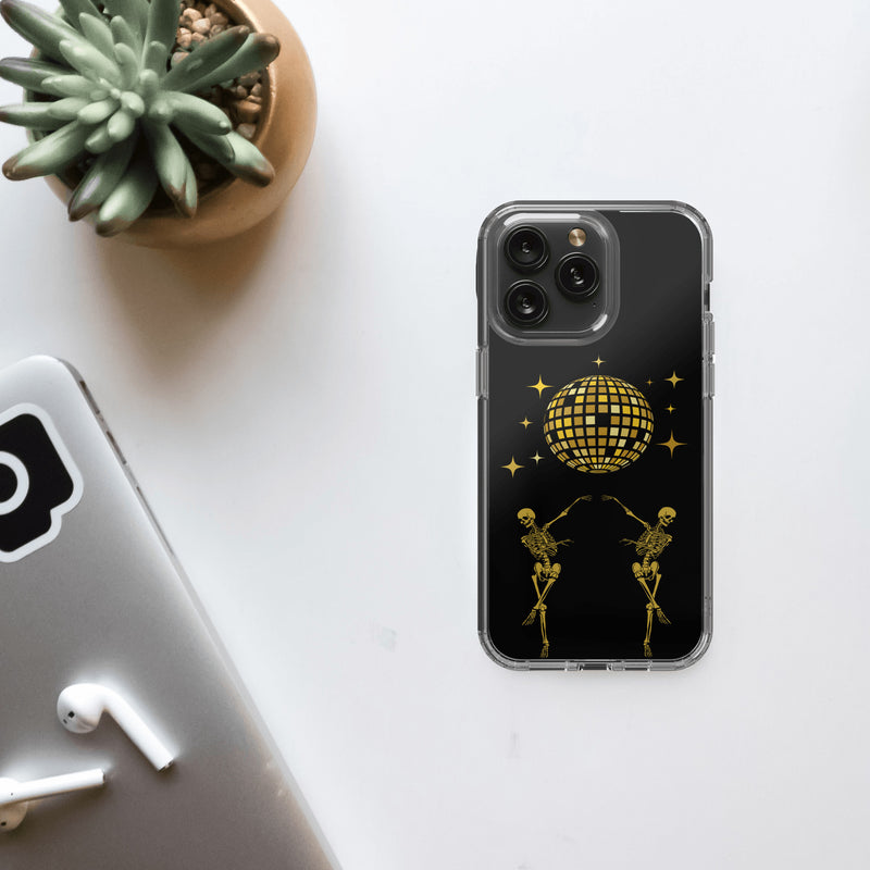 Dancing Skeleton Clear iPhone 15 Pro Max Case, Disco Ball Art Trendy Phone Cases, Birthday Gift for Bestie, Dark Acadamia, Spooky Gifts for Her