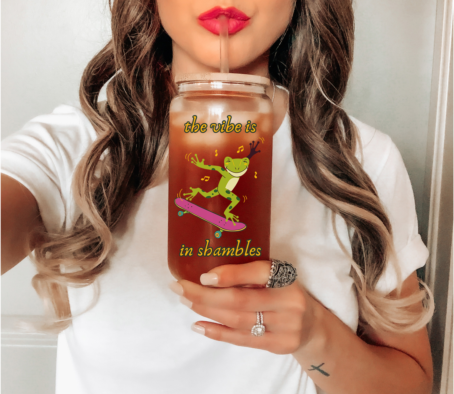 The Vibe Is In Shambles Glass Mug Tumbler, Funny Frog Mug, Retro Frog Meme, Mental Health Gift for Her