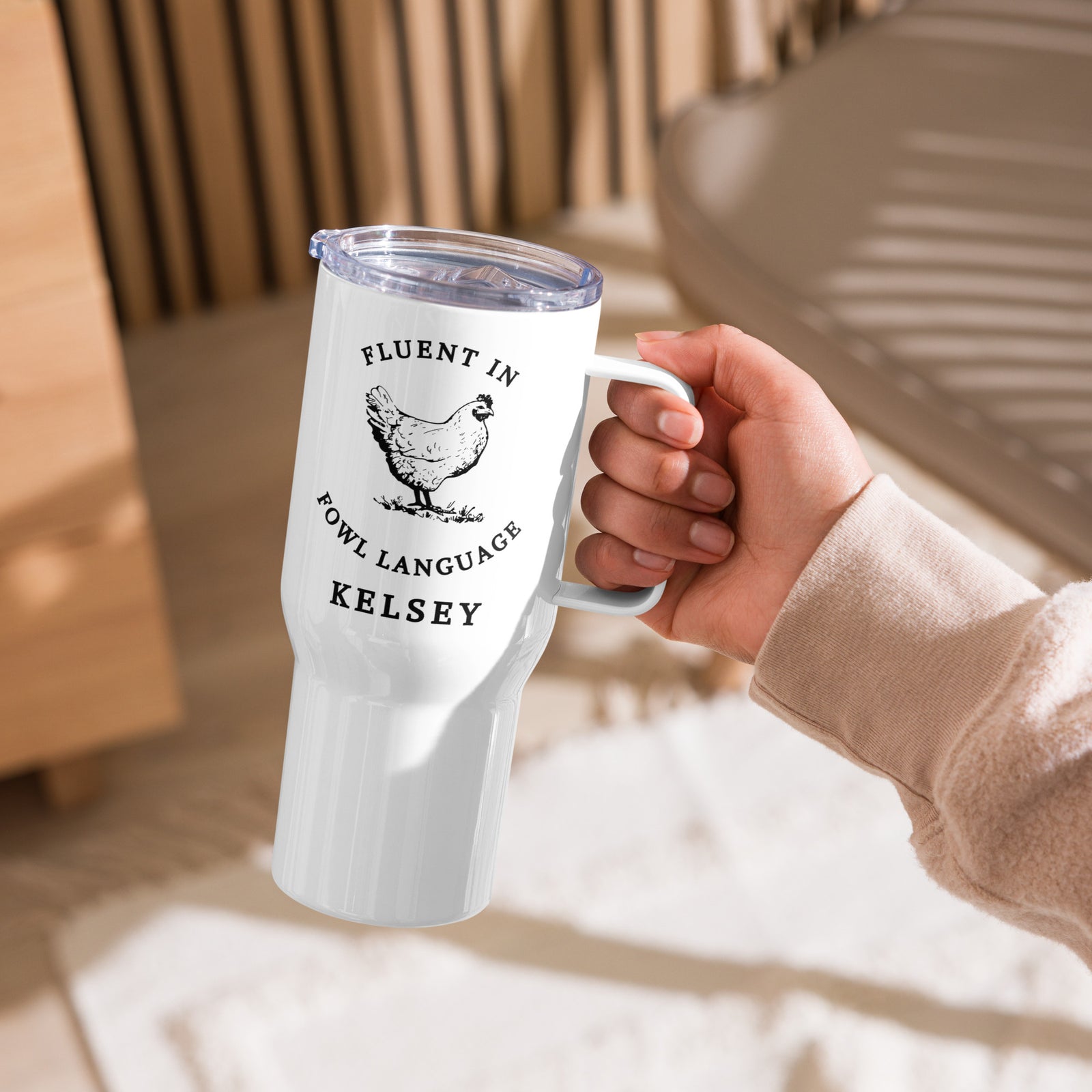 Personalized Chicken Travel Mug with Handle, Fluent in Fowl Language Tumbler, Gift for Chicken Lover, Farmer Cup, Crazy Chicken Lady, Country Girl