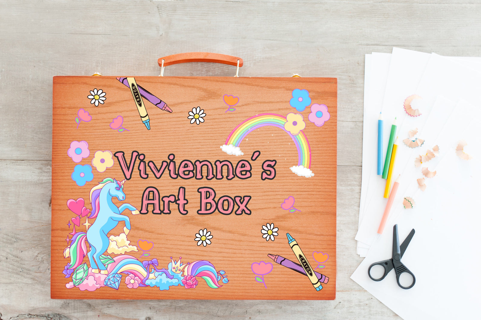 Personalized Wooden Art Supply Box, Custom Name Kids Art Box, Cute Unicorn, Dinosaur, Floral Craft Box, Gift for Girls, Gift for Boys