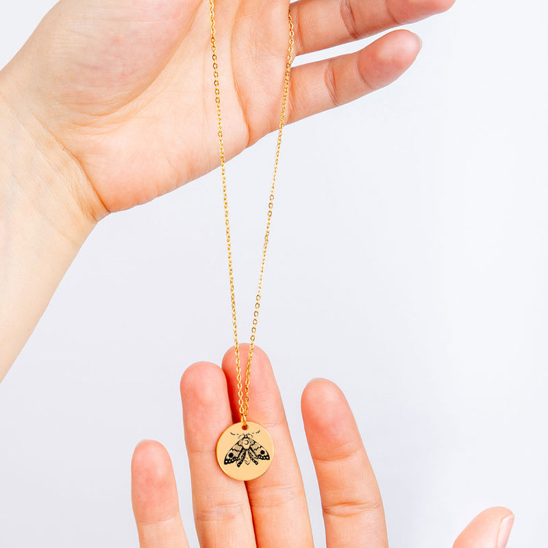 Custom MOTH Necklace, Personalized Moth Pendant, Dainty Moon Moth Disc, Charm Butterfly Jewelry, Mystical Moth Coin, Animal Pendant