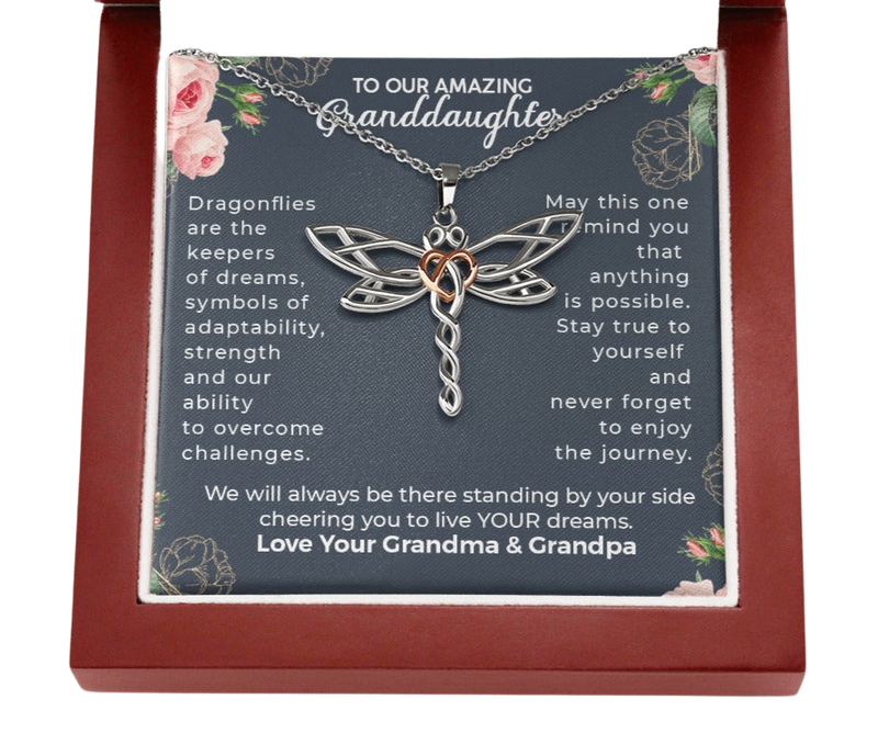 To Our Granddaughter, Live Your Dreams Dragonfly Necklace Your Grandma & Grandpa | Granddaughter Teen Girl Gift