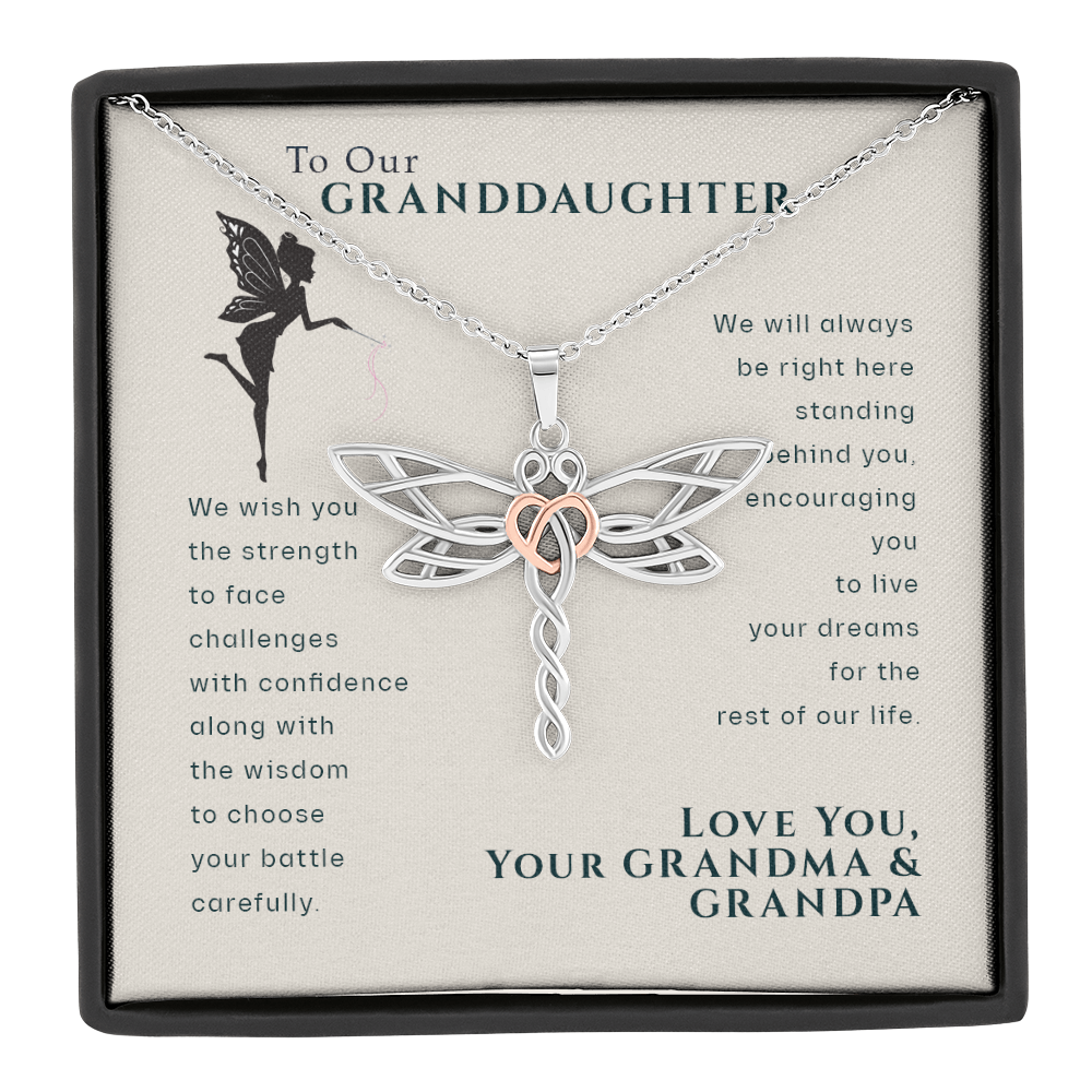 To Our Granddaughter, Live Your Dreams Dragonfly Necklace | Gift From Your Grandma & Grandpa Necklace