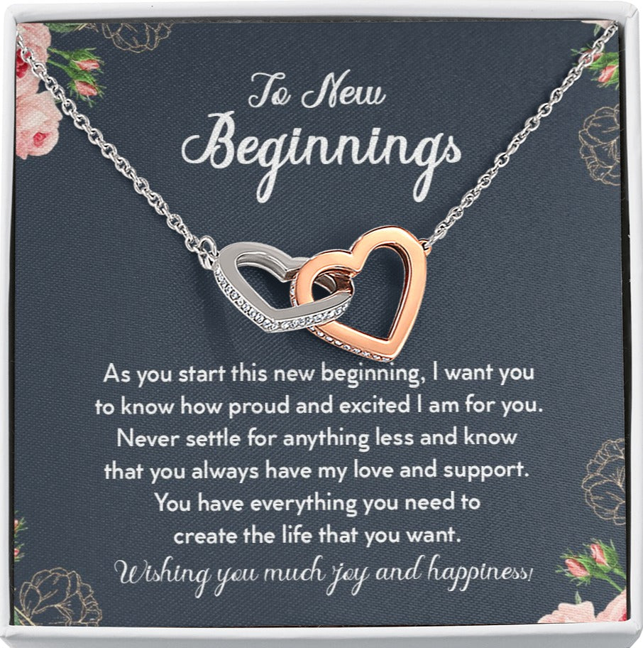 To New Beginnings Wishing You Much Joy and Happiness Interlocking Hearts Necklace | Farewell Gift for Coworker |  New Job Gift |  Fresh Start Gift for Coworker