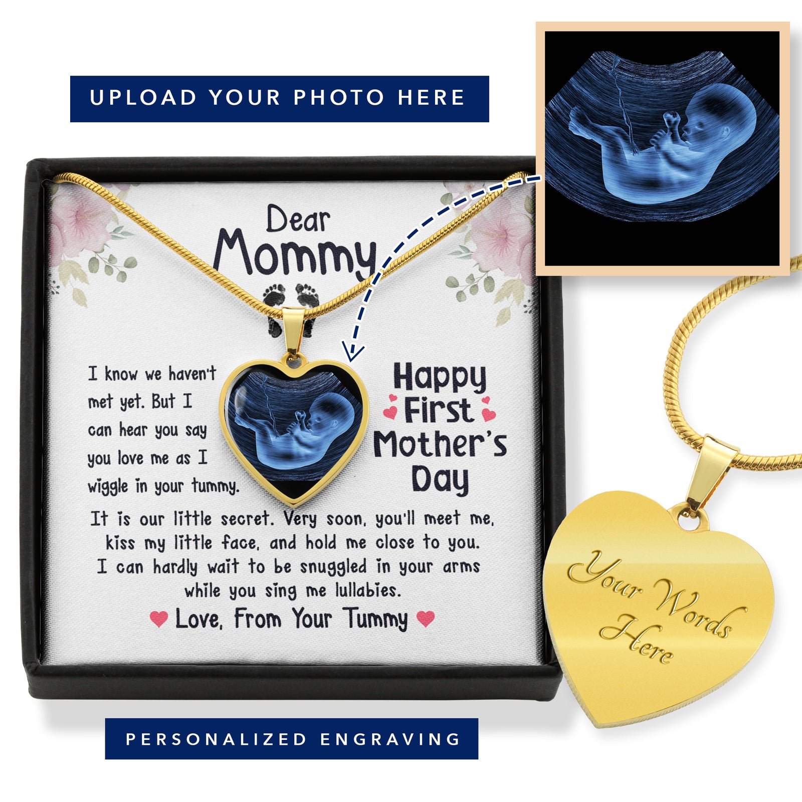Dear Mommy Personalized Happy Mother's Day From Baby Bump Photo Heart Necklace | First Mother's Day, Pregnant Mother's Day, Expecting Mother Sonogram Necklace