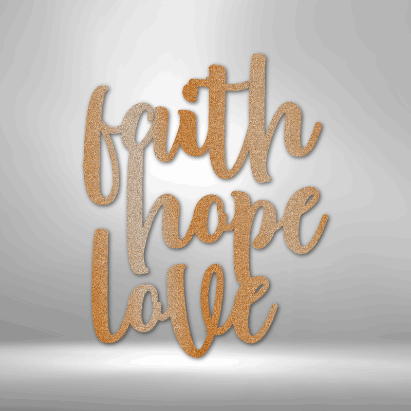 Faith Hope Love Script Metal Wall Art | Motivational Metal Home Decor| Farmhouse Style Metal Words| Rustic Wall Decor