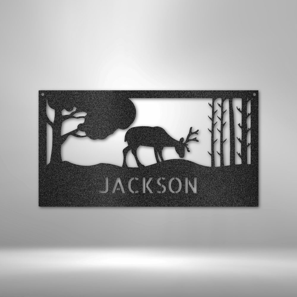 Personalized Grazing Deer Monogram Metal Wall Sign| Outdoorsy Metal Wall Sign| Lone Deer Metal Wall Sign