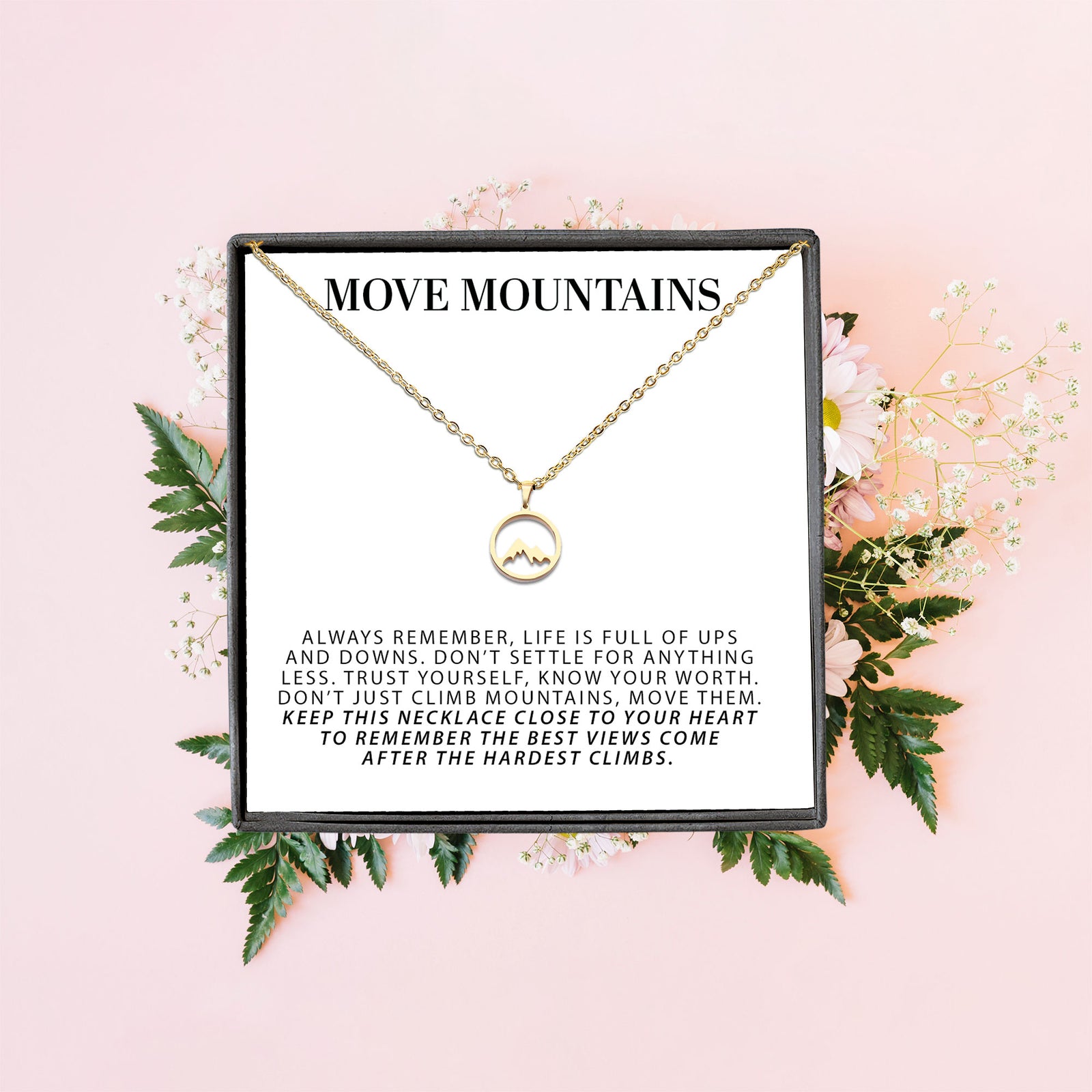 Move Mountains Necklace | Motivational Gift for Best Friend | Adventure Minimalist Mountain Pendant | Encouragement Jewelry for Women