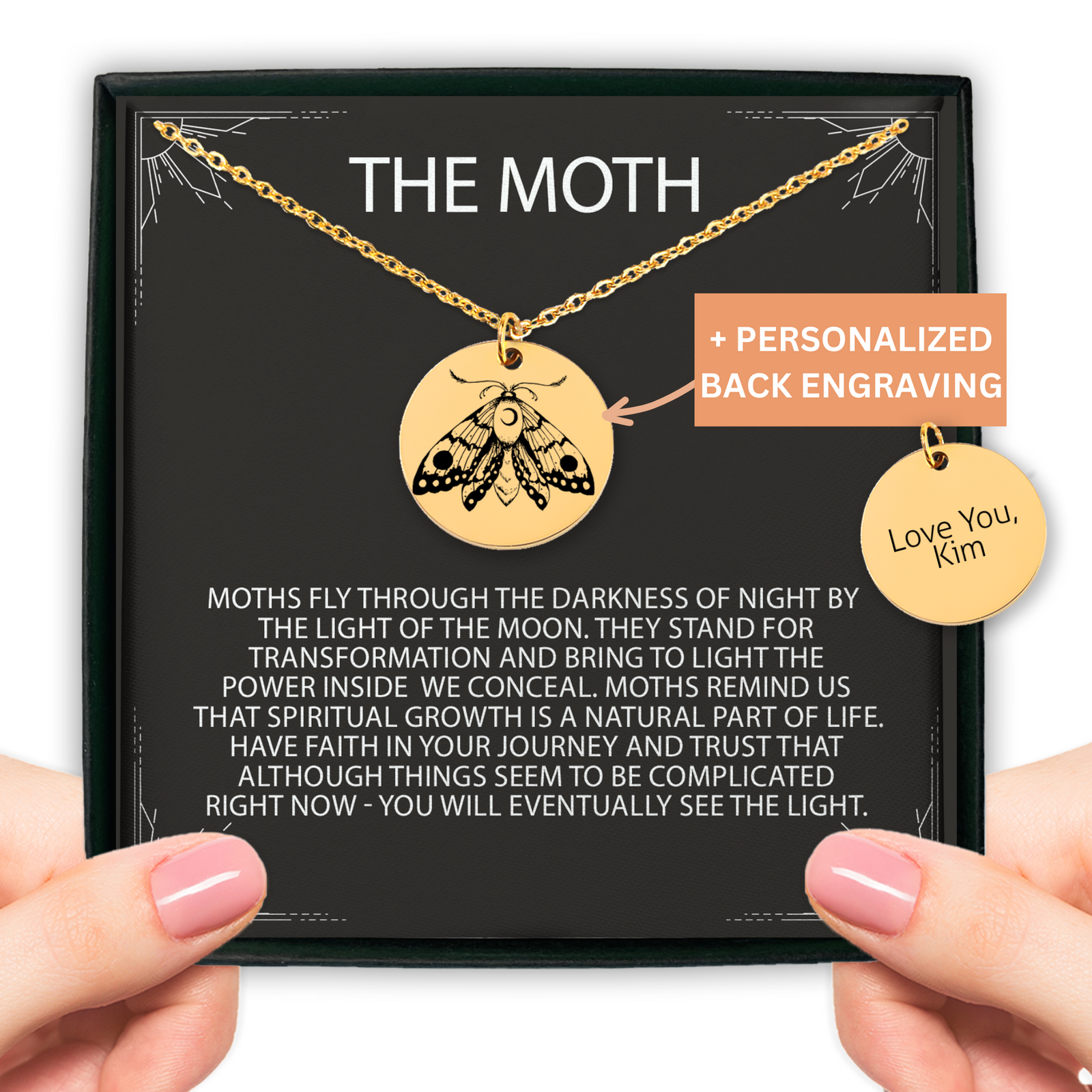 Custom MOTH Necklace, Personalized Moth Pendant, Dainty Moon Moth Disc, Charm Butterfly Jewelry, Mystical Moth Coin, Animal Pendant