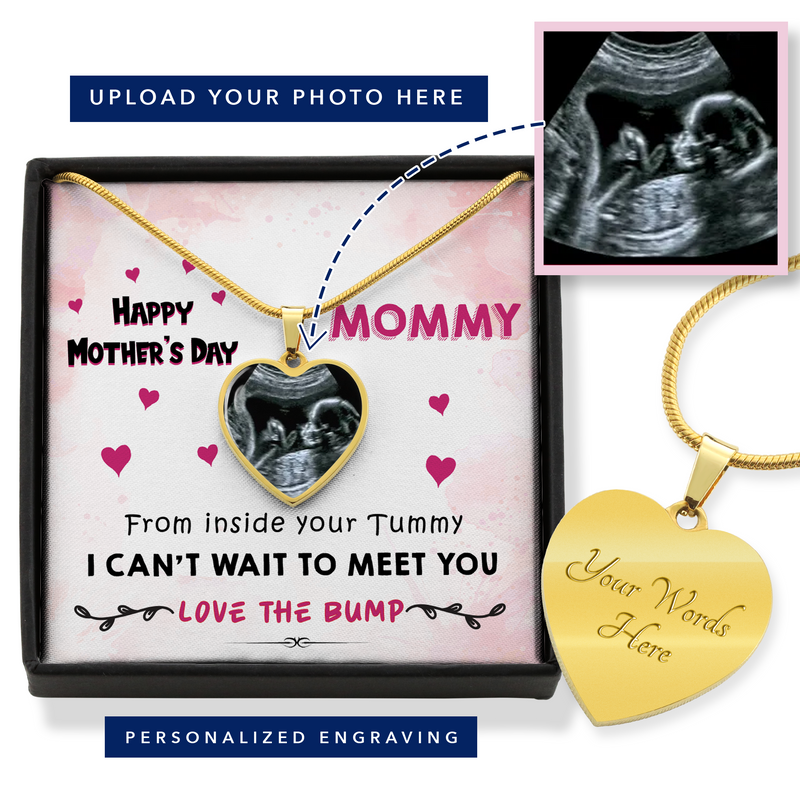 Personalized Happy Mother's Day From Baby Bump Heart Necklace | First Mother's Day, Pregnant Mother's Day Necklace, Sonogram Necklace
