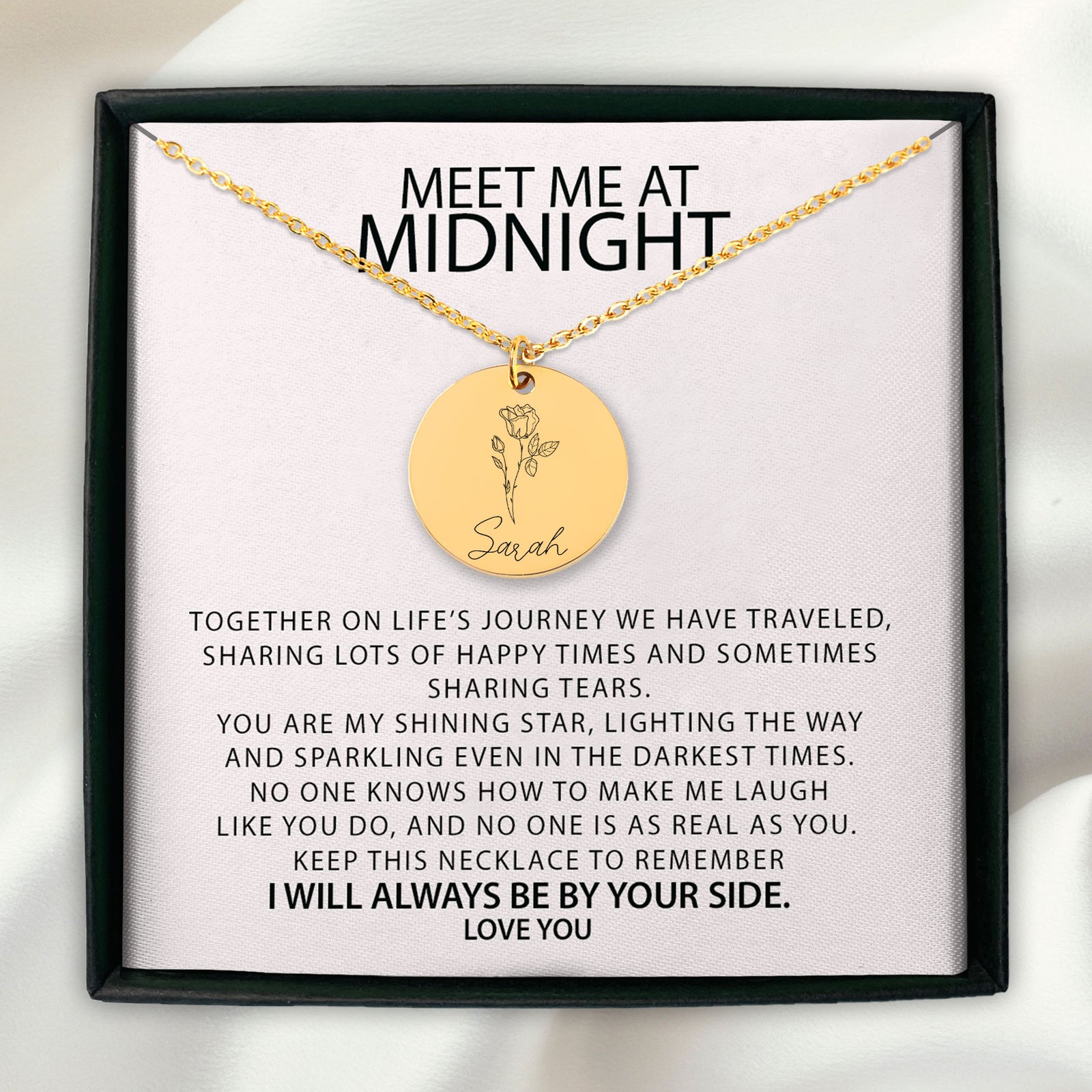 Personalized Meet Me At Midnight Birth Flower Necklace | Custom Engraved Birth Month Pendant Gift for Best Friend | Sister Birthday Gifts